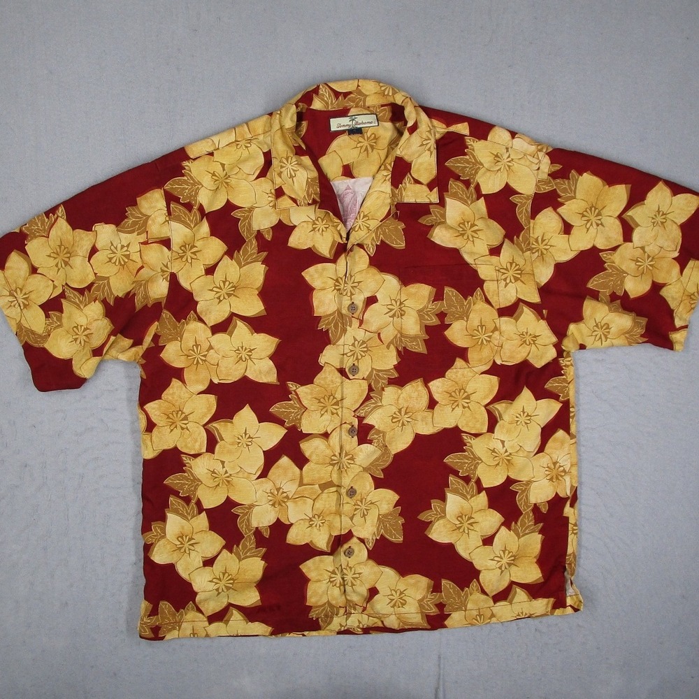 Tommy Bahama Men XL Silk Camp Shirt Red Floral Tropical Short Sleeve Loop Collar